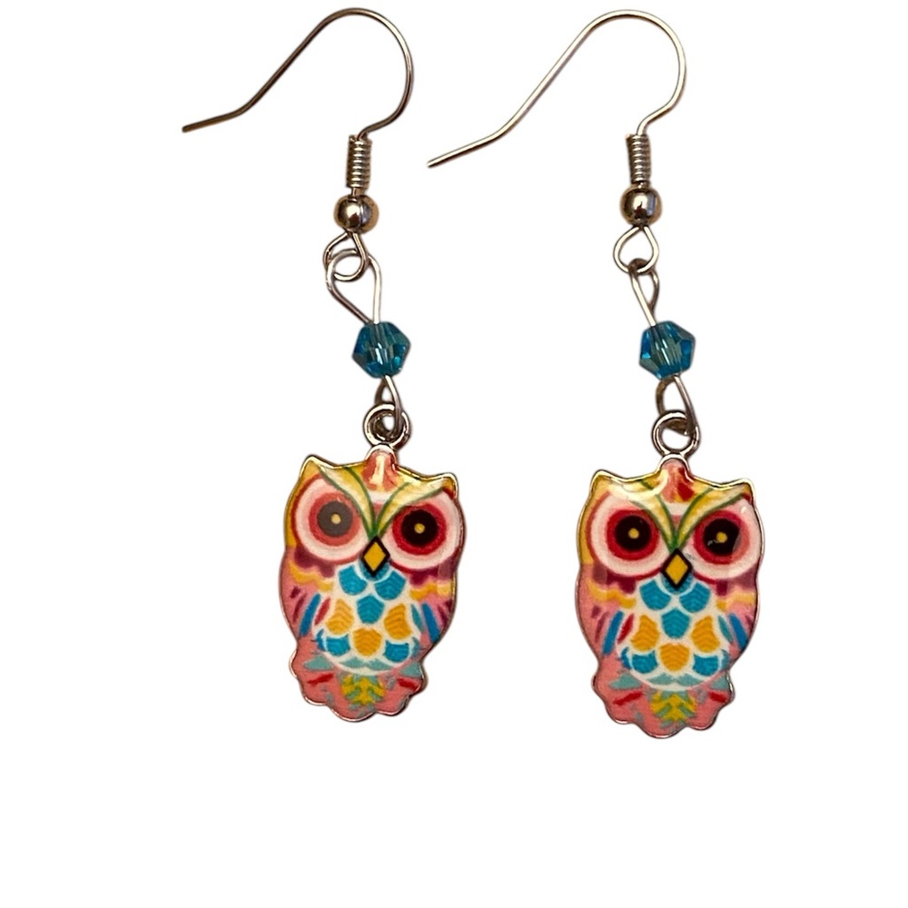 Hand Crafted Pink Multicolor Beaded Owl Dangle Earrings - Picture 2 of 4